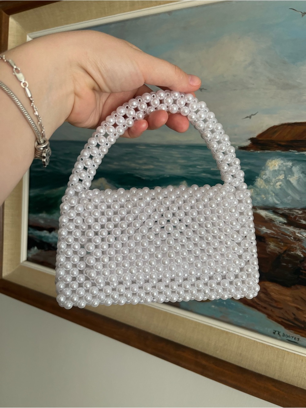 Pearl Beaded Mini Bag - White - Handmade